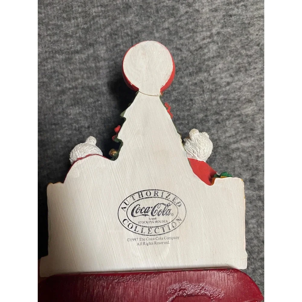 Vintage 1997 Coca-Cola Polar Bear Christmas Tree Stocking Holder Cast Iron Base